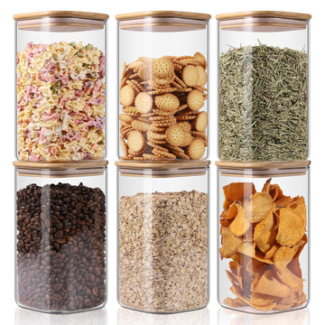 Glass Storage Jars 6 Pack -50oz (10cmx20cm)Clear Glass Food Storage Containers with Airtight Bamboo Lid Stackable