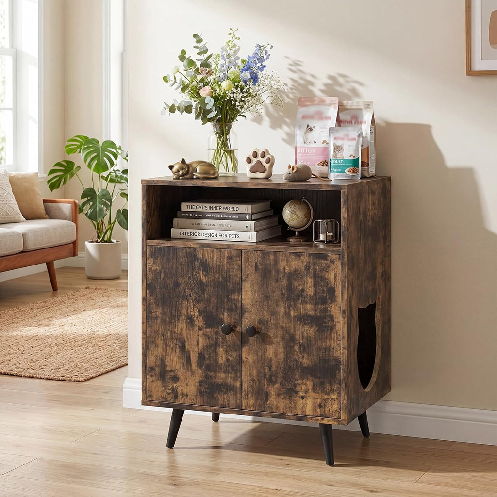 Cat Litter Box Enclosure, Wooden Enclosed Litter Box with Shelves, Hidden Litter Box Furniture End Table (Rustic