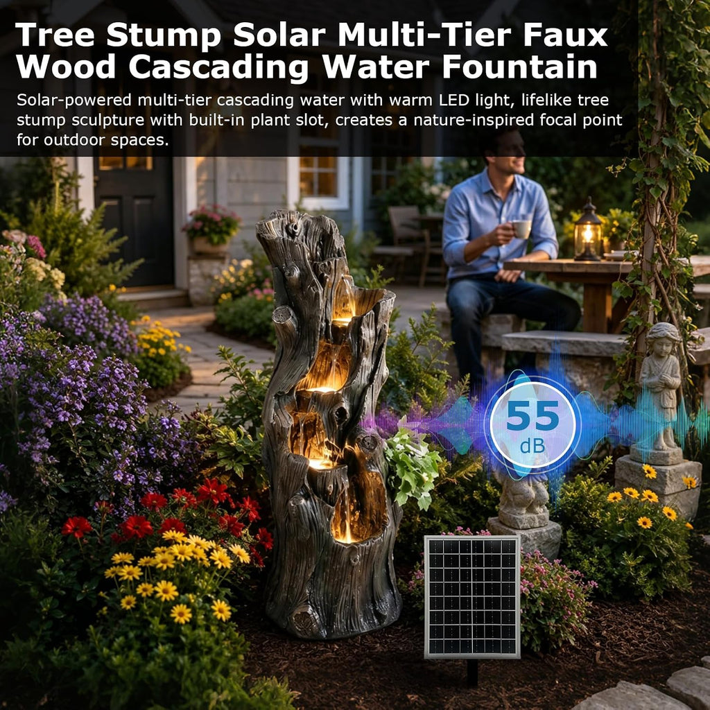 39.37" Tall Solar Water Fountain Outdoor Garden Faux Tree Stump | 5 Tier Solar Powered Water Fountains with LED