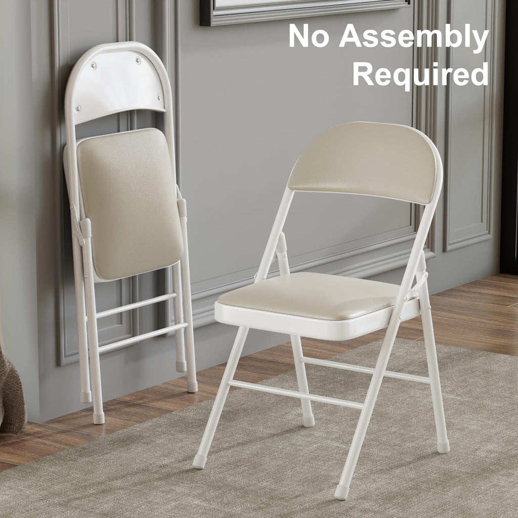 Folding Chairs Set of 2, Faux Leather Padded, Beige