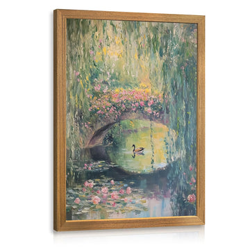 Wood Framed Monet Vintage Mallard Duck Water Lilies Pond Wall Art 16x24In