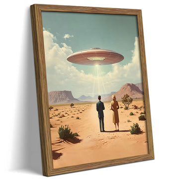 Vintage UFO Wall Art, Retro Alien Spaceship Desert Landscape Framed Canvas Print Poster, Mid Century Modern Sci-Fi