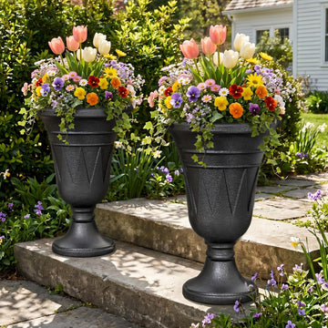 24" Tall Urn Planters for Outdoor Plants, Urns and Pedestal, Black