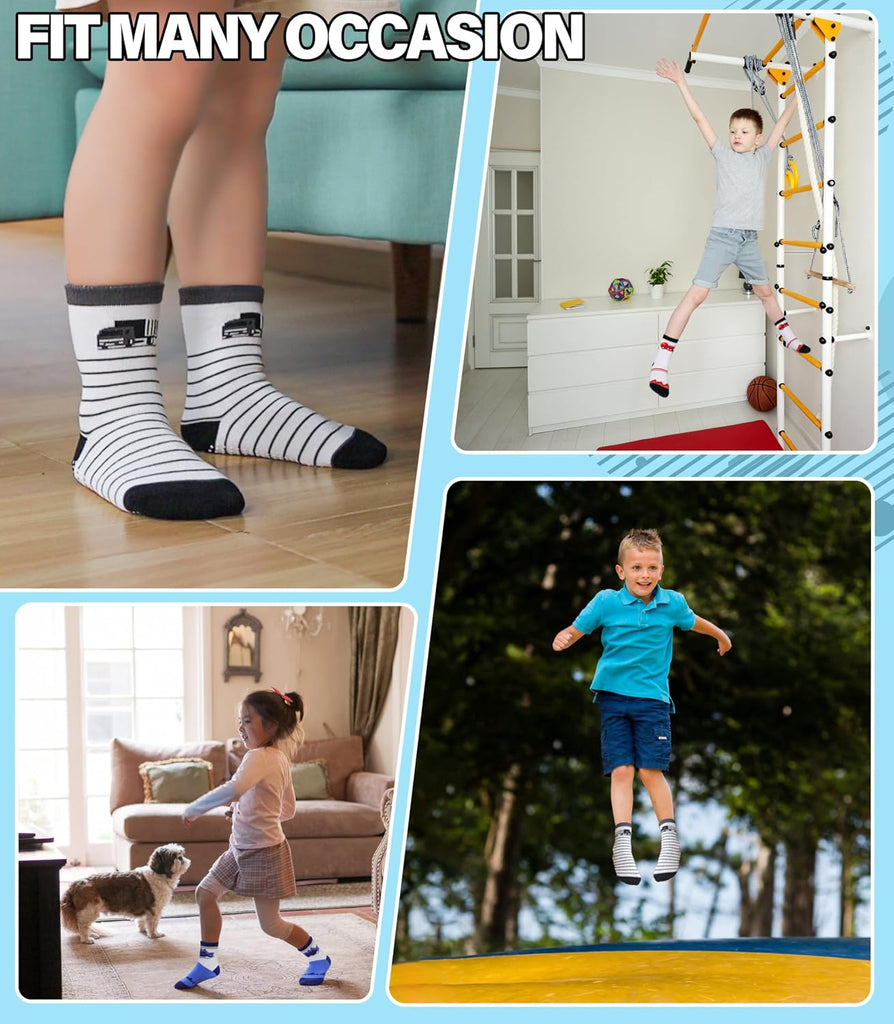 Toddlers Boys Non Slip Grip Socks Crew Cotton Socks with Grippers - 12 Pairs