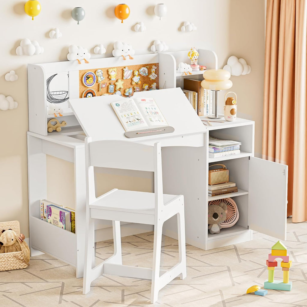 43In Kids Study Desk with Chair, Tiltable Desktop Kids Desk and Chair Set with Storage, Wooden Study Table for 5-12