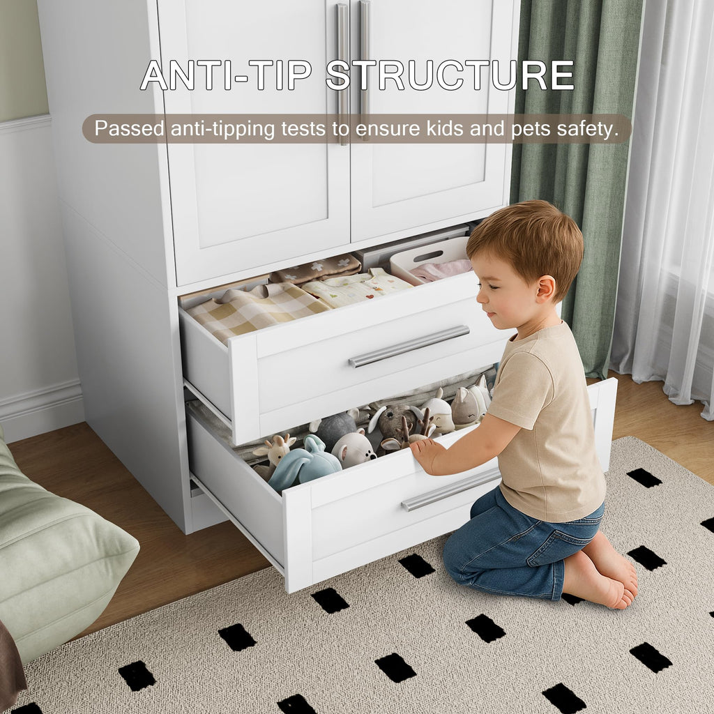 Wooden Armoire Wardrobe Closet with 2 Doors and 2 Drawers, Bedroom Freestanding Armoire Storage Cabinet with