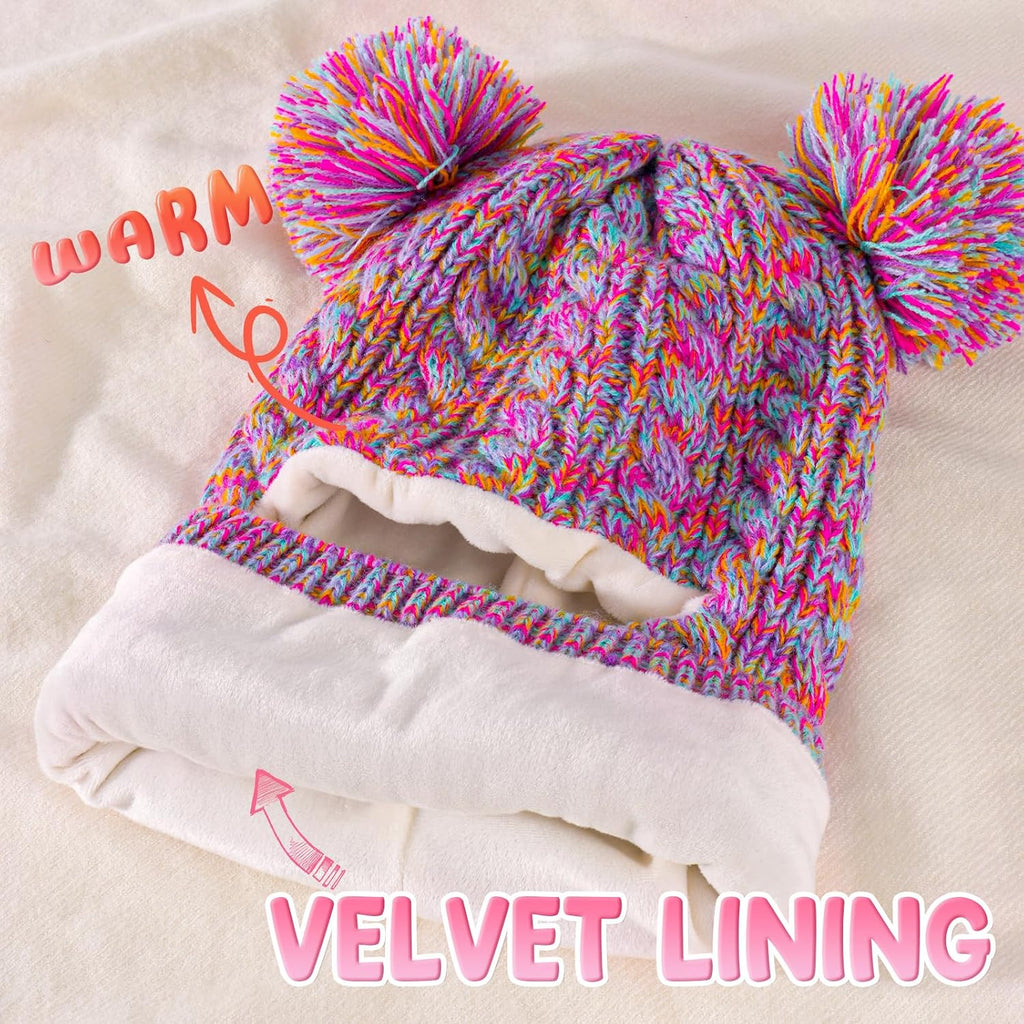 Toddler Winter Hat Scarf Glove Set, Unisex Baby Kids Velvet Lined Knitted Hat with Neck Warmer for Cold Weather