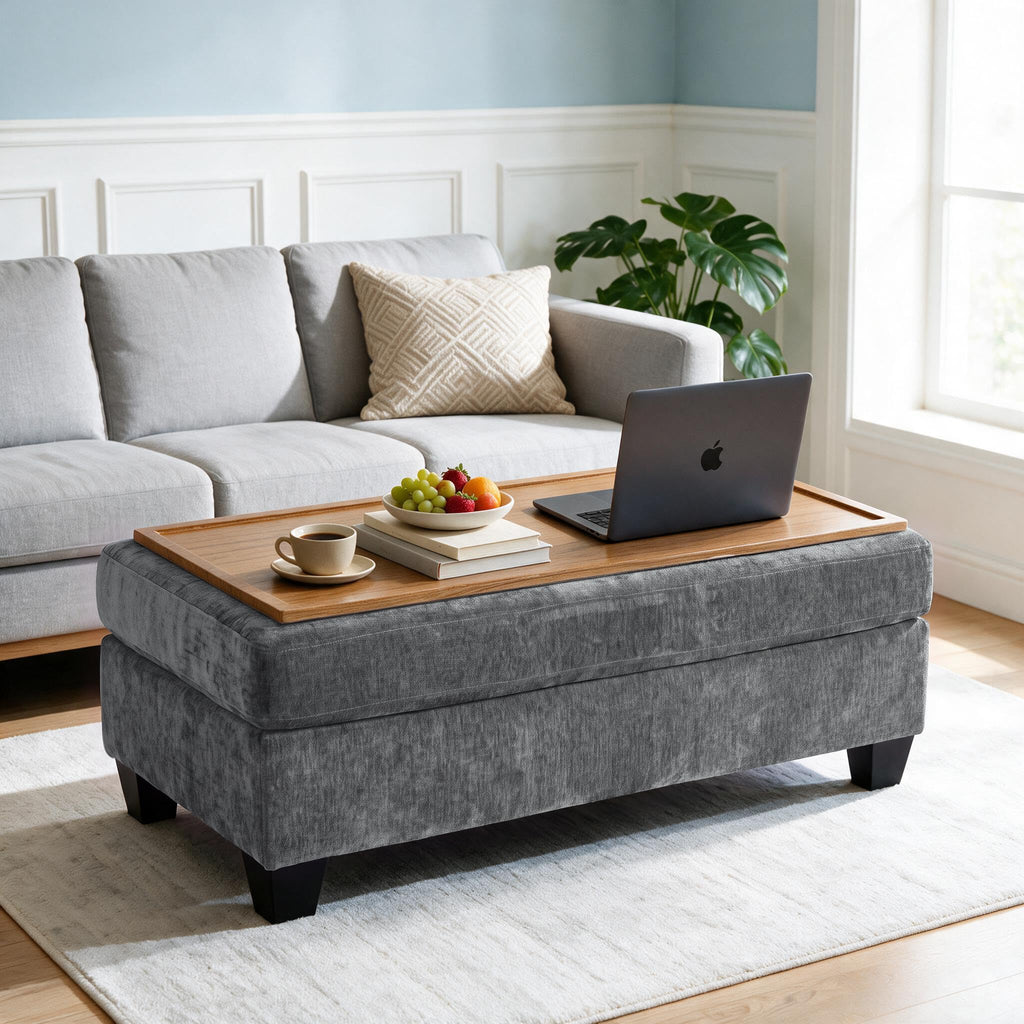 45.3" Storage Ottoman with Reversible Wooden Tray Top, Coffee Table Ottoman Bench Upholstered Multifunctional