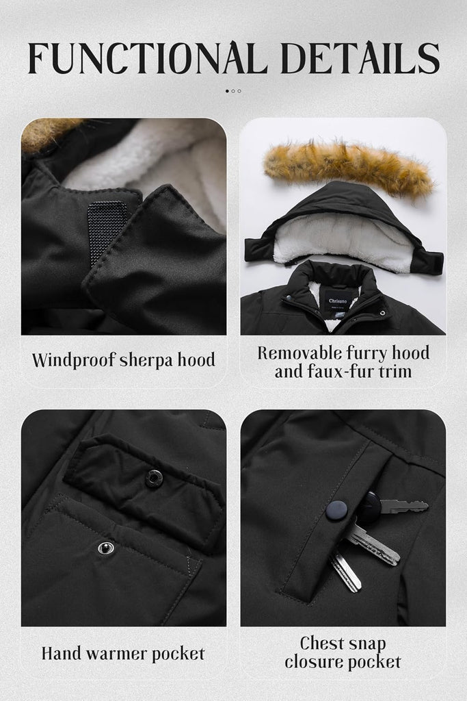 Boy's Waterproof Winter Sherpa Parka Coat Med-Length Outerwear Jackets With Detachable Furry Hood