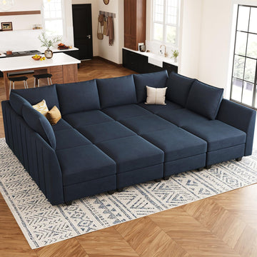 Oversized Modular Sectional Couch Sleeper Sofa with Storage Velvet Sectional Sofa Bed, 12 Seats, Blue