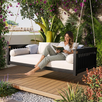 Outdoor Porch Swing Bed, Twin Size Acacia Wood Hanging Daybed with Hemp Ropes, Minimalist Patio Swing Bed for Garden