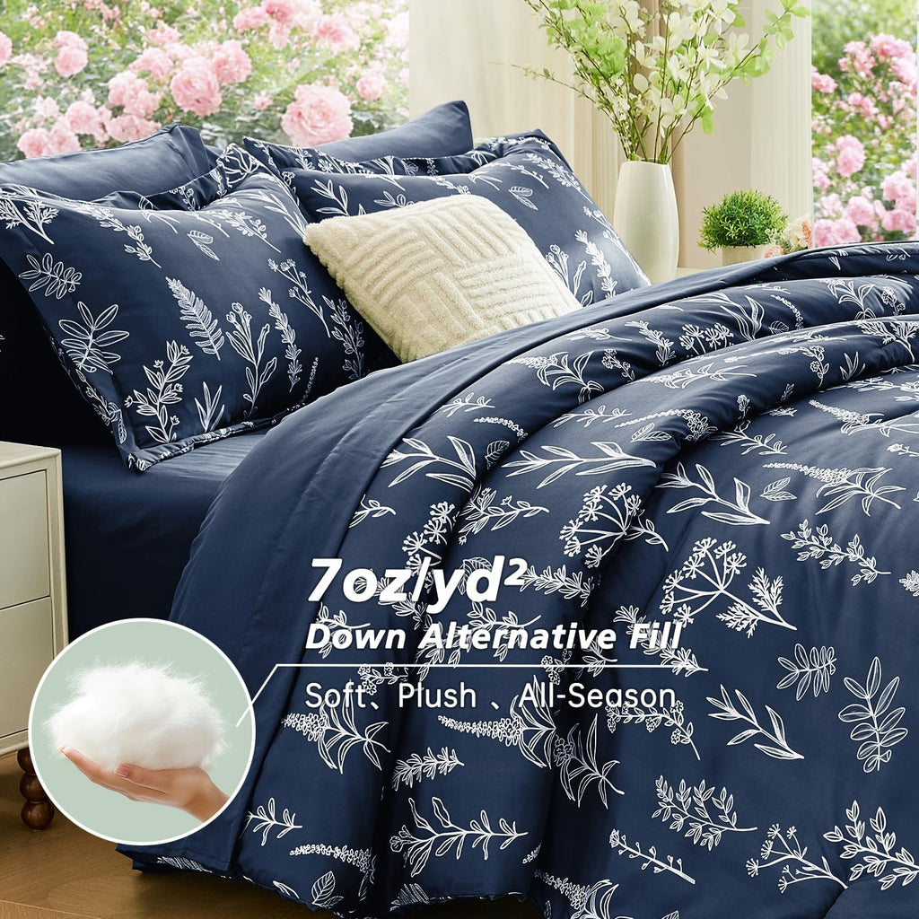 Oversized Comforter Set, 7-Piece Floral Bed in a Bag, Navy Blue