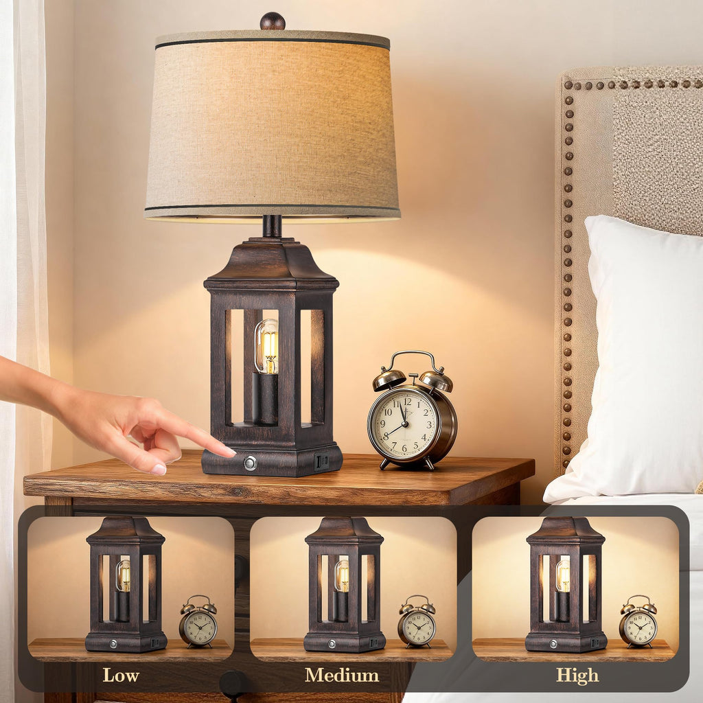 24" Rustic Farmhouse Table Lamps, Single Pack Touch Dimmable Nightlight Vintage Bedside Lamps with USB A+C Ports &