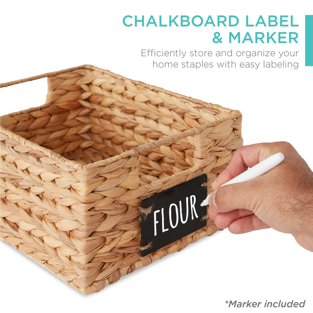 Set of 4 9x12in Water Hyacinth Pantry Baskets, Woven Organizers w/Chalkboard Label, Chalk Marker - Natural