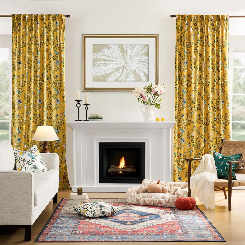 Mustard Yellow Vintage Velvet Curtains 96 inches,Victorian Whimsical Botanical Floral Blackout Room Darkening Curtain