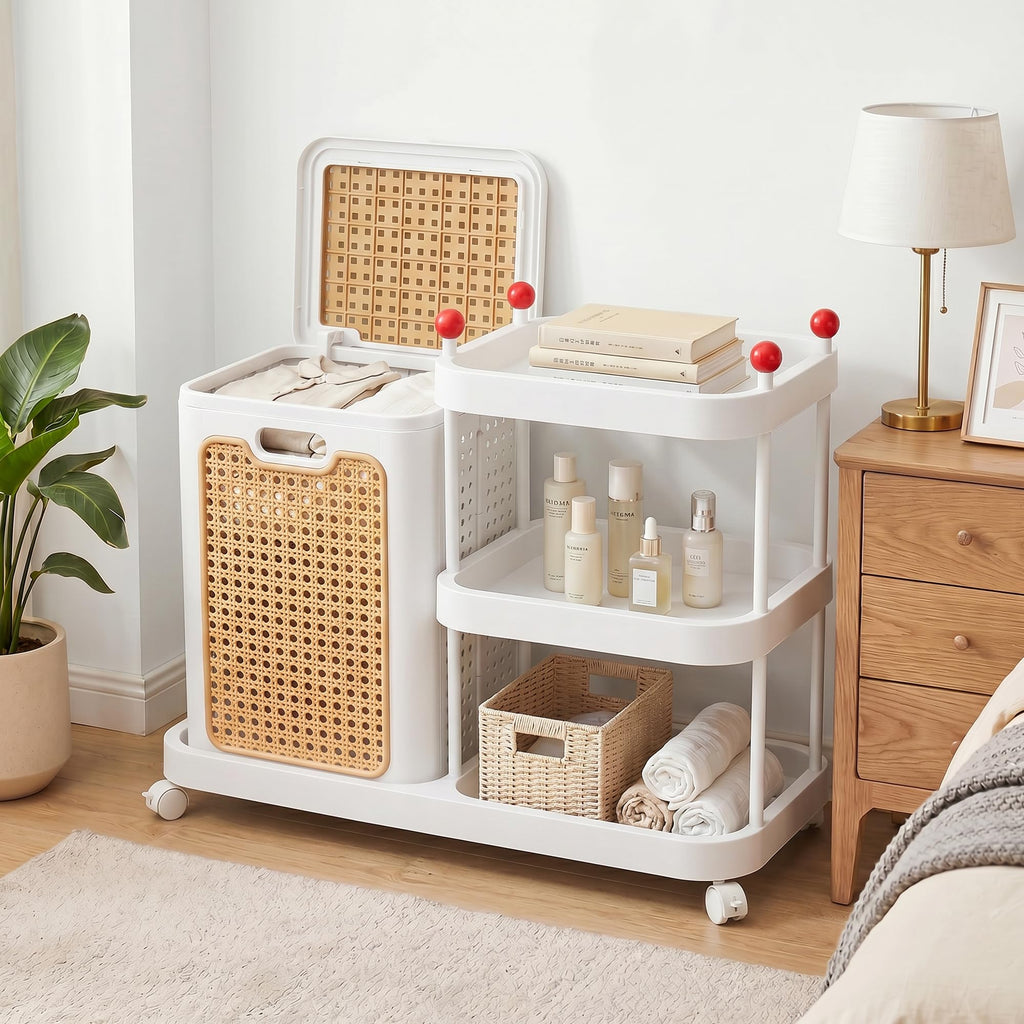 Rattan-Style Rolling Laundry Hamper Cart, 3-Tier Storage Shelf with Wheels, Foldable Plastic Laundry Basket with Lid