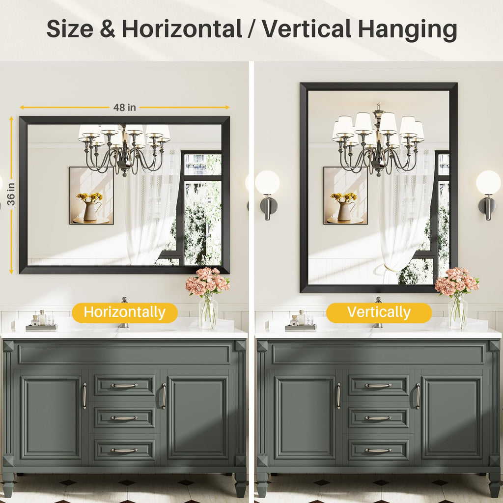 Black Metal Framed Bathroom Wall Mirror, 48x36 Inch