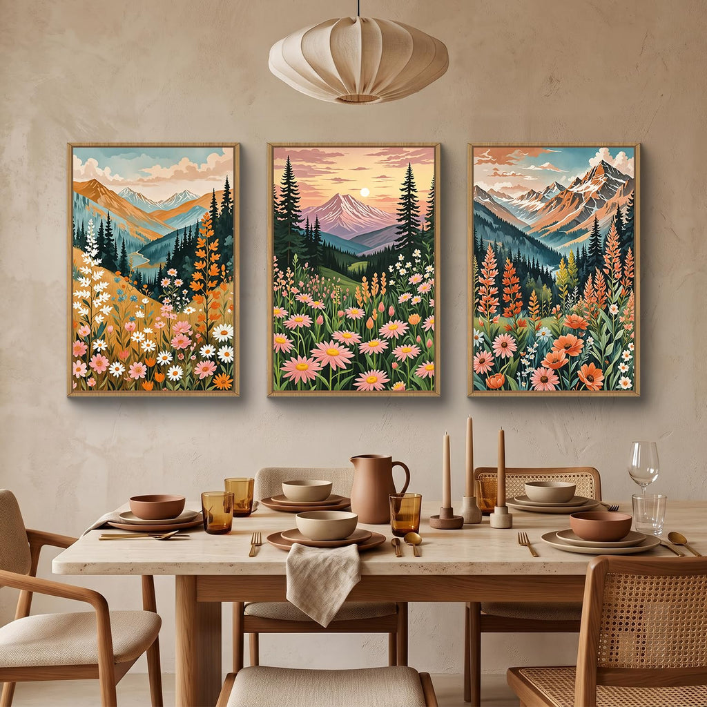 Mountain Sunset Floral Framed Canvas Wall Art Set, Colorful Wildflower Daisy Flower Wall Decor, Boho Blossom Botanical