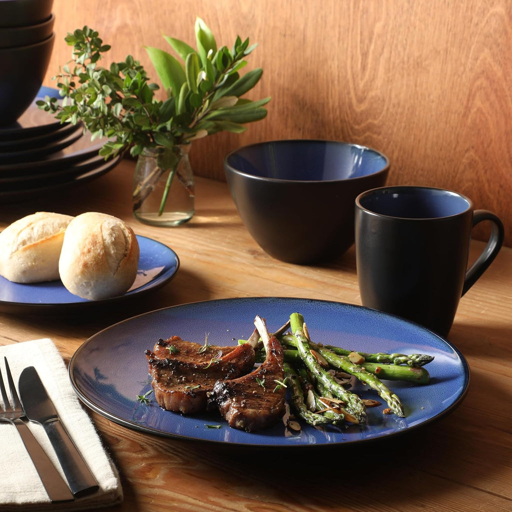 Soho Lounge Round Reactive Glaze Stoneware Dinnerware Set, Service for 4 (16pc), Blue, Soho Round
