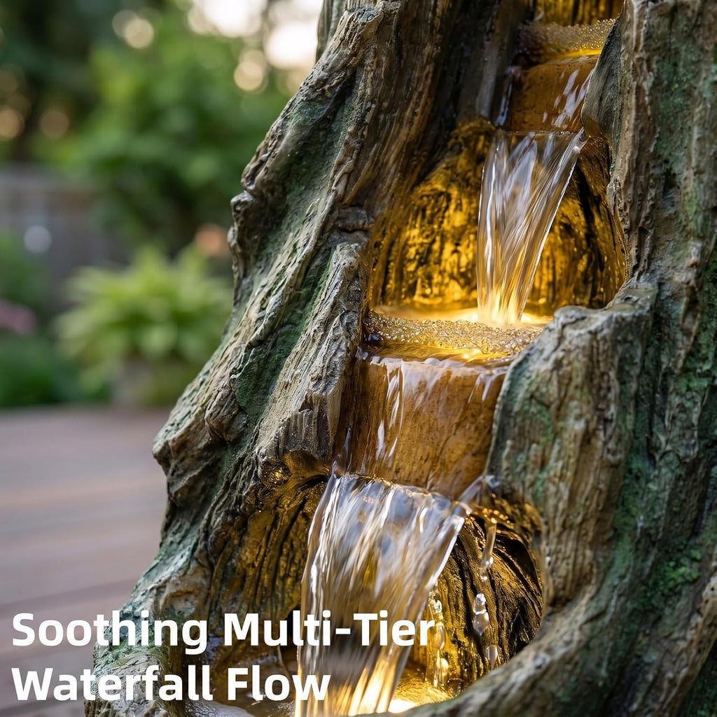 Outdoor Waterfall Fountain 39.4in Tall, Tree Design Garden Fountain with LED Lights