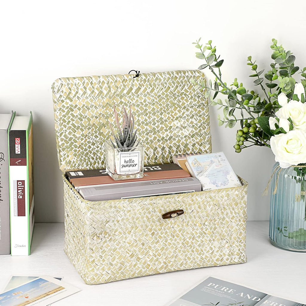 Seagrass Storage Basket Bins with Lid Handwoven Wicker Shelf Baskets | Rectangular Basket Household Organizer Boxes