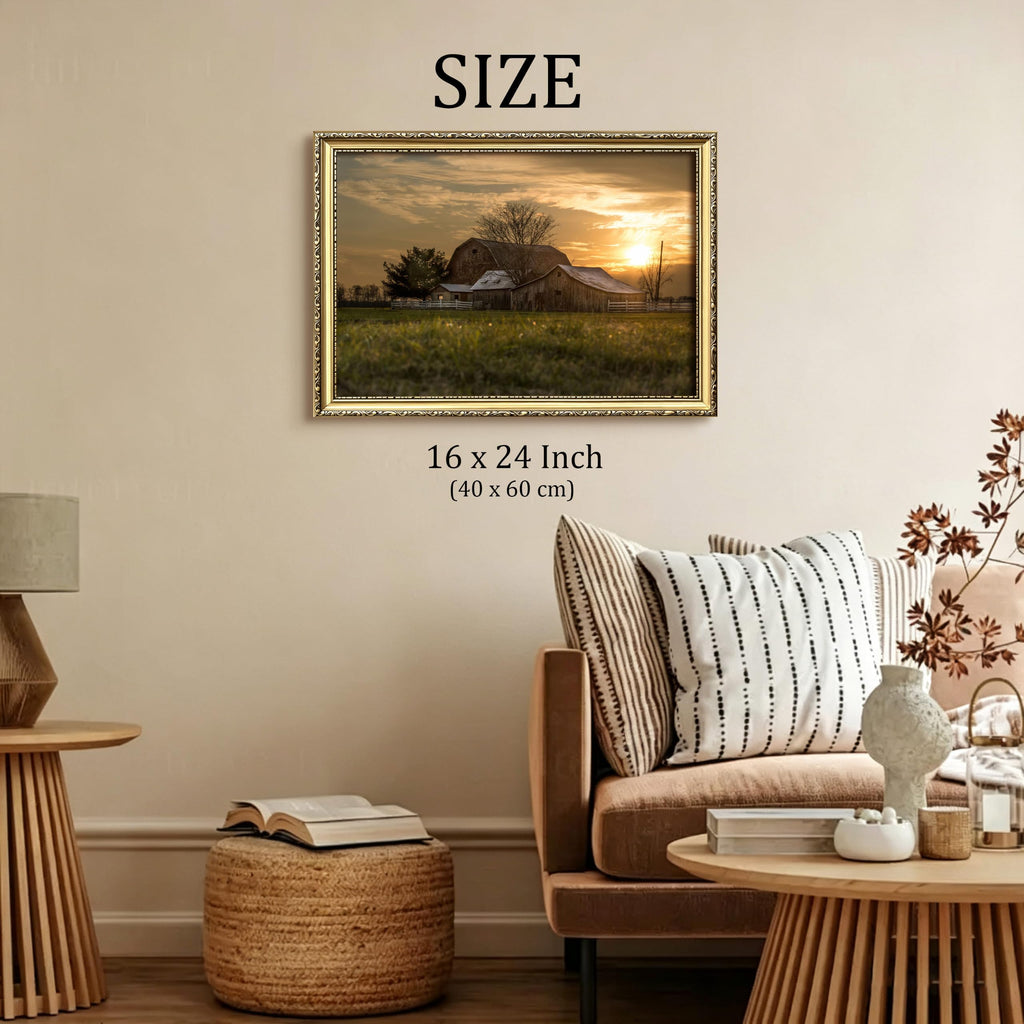 Vintage Gold Framed Sunset Farmhouse Wall Art, Rustic Country Barn Canvas Painting Print Picture, Retro Rural