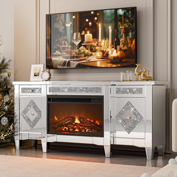 Mirrored TV Stand with Fireplace, 2 Drawers & Cabinets for 65"+ TVs