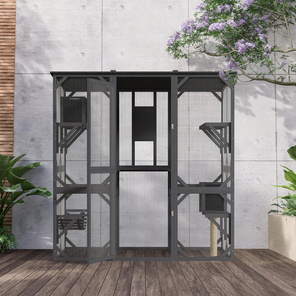 70'' Outdoor Cat Enclosure, Walk-in Catio with 4 Jumping Platforms & 2 Napping Houses, Swing Hammock, Cat House Indoor