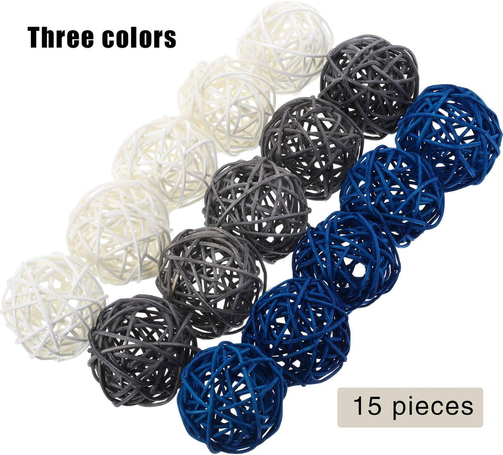 Decorative Wicker Rattan Ball, 1.8 in, Navy Blue Gray White - Set of 15