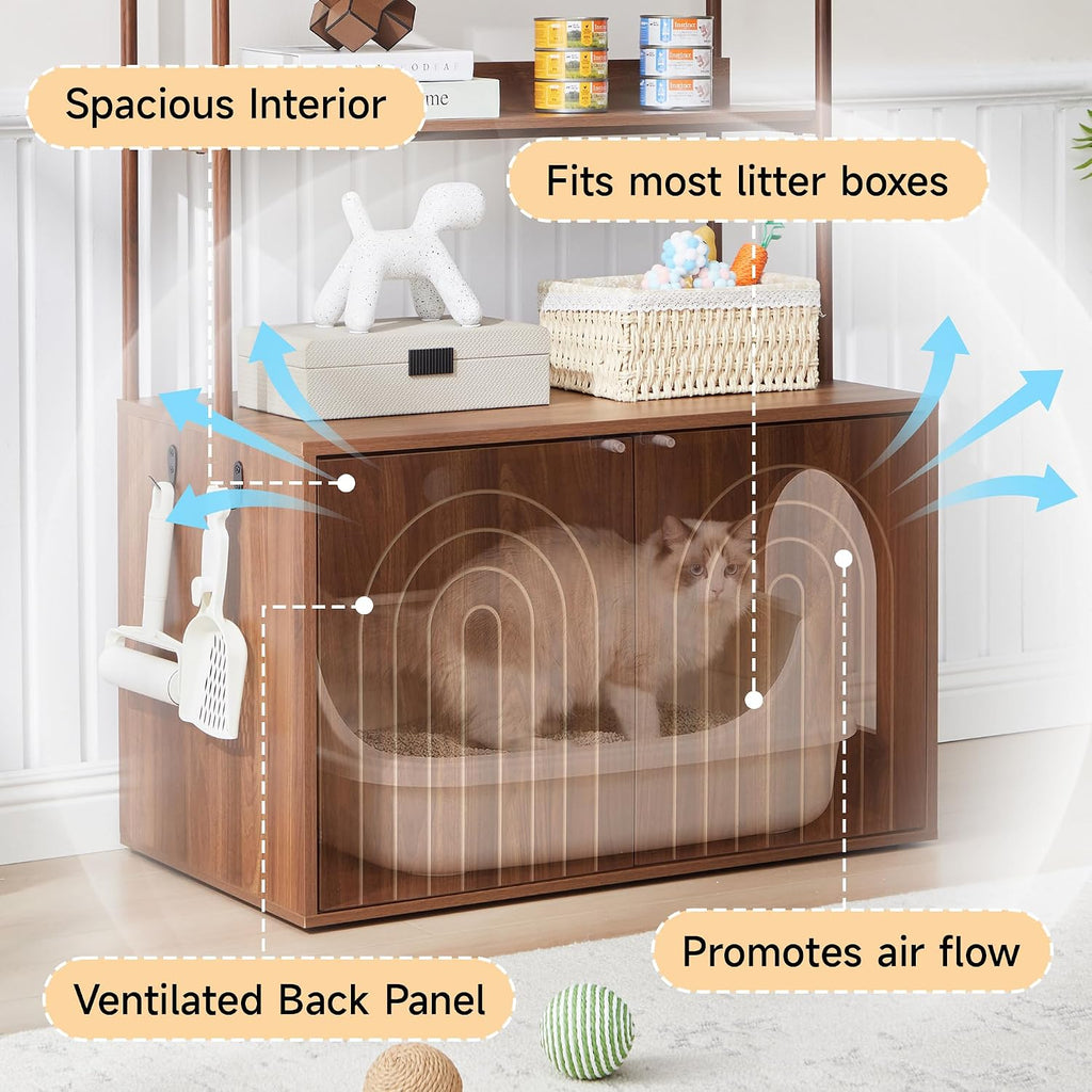 Arched Cat Litter Box Enclosure with 2-Tier Shelves, 63" Tall Hidden Litter Box Furniture with Reversible Entry, Wood