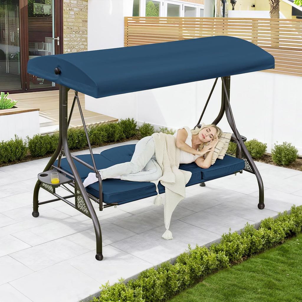 3 Seat Outdoor Patio Porch Swing with Stand and Adjustable Canopy | 3 in 1 Chair Swing Bed, 180° Recline, Heavy Duty