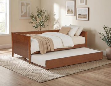 Mid-Century Modern Daybed & Trundle/Solid and Manufactured Wood/Panel Headboard/No Box Spring Needed/Foundation has
