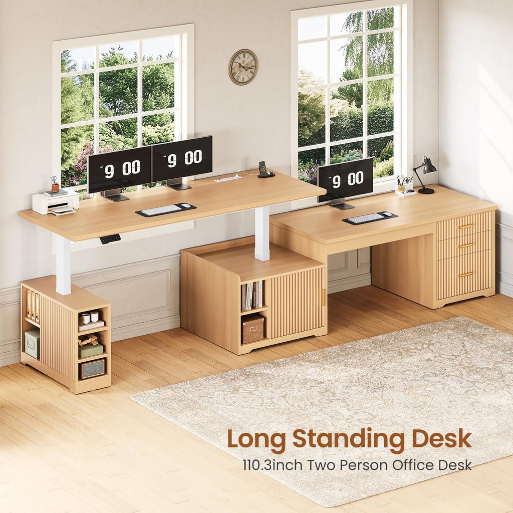 Fluted L Shaped Standing Desk with Storage, Oak