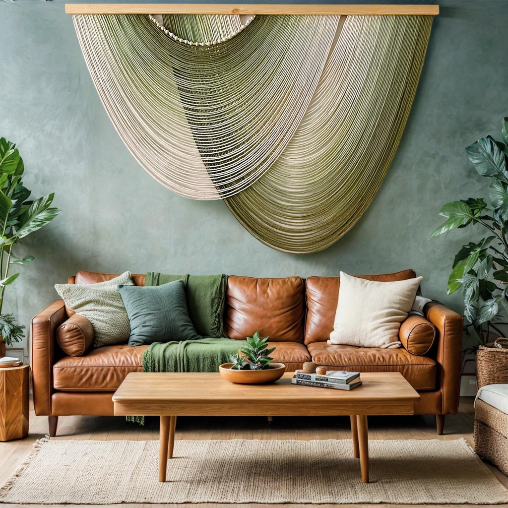 Large Macrame Wall Hanging Boho Wood Ombre Green Dip-Dyed Tapestry