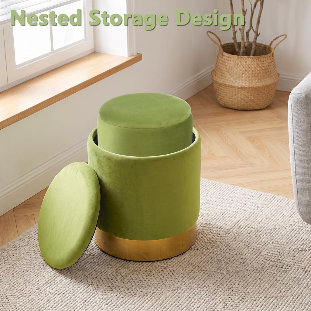 Round Ottoman with Storage Set of 2, Vanity Foot Stool with Storage, Nesting Upholstered Small Ottoman Foot Rest with