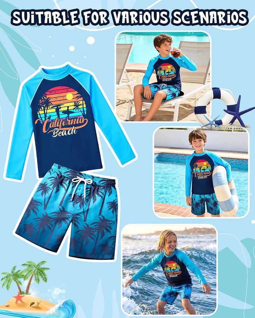 Boys Swim Set with Swim Trunks Bathing Suit Long Sleeve Swim Shirt Quick Dry Rash Guard Swimsuit Kids Swimwear Size