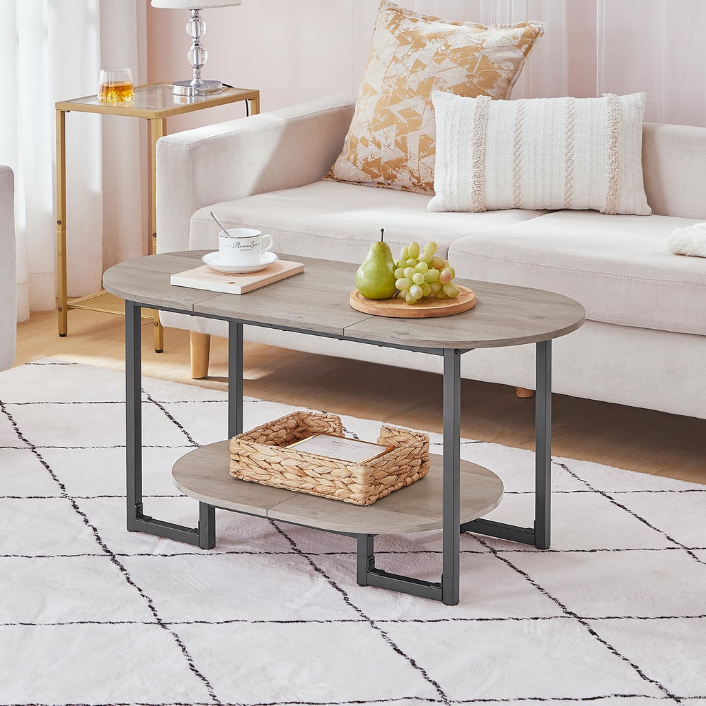 Coffee Table, Oval Small Coffee Table with 2-Tier Open Storage Shelf, Industrial Cocktail Tea Table, Wooden Desktop