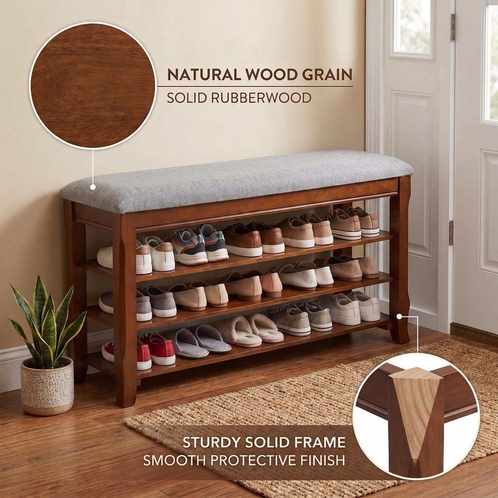 SolidWood Entryway Shoe Rack Storage Bench, Flip-Top Soft-Close Lid, 39.4''