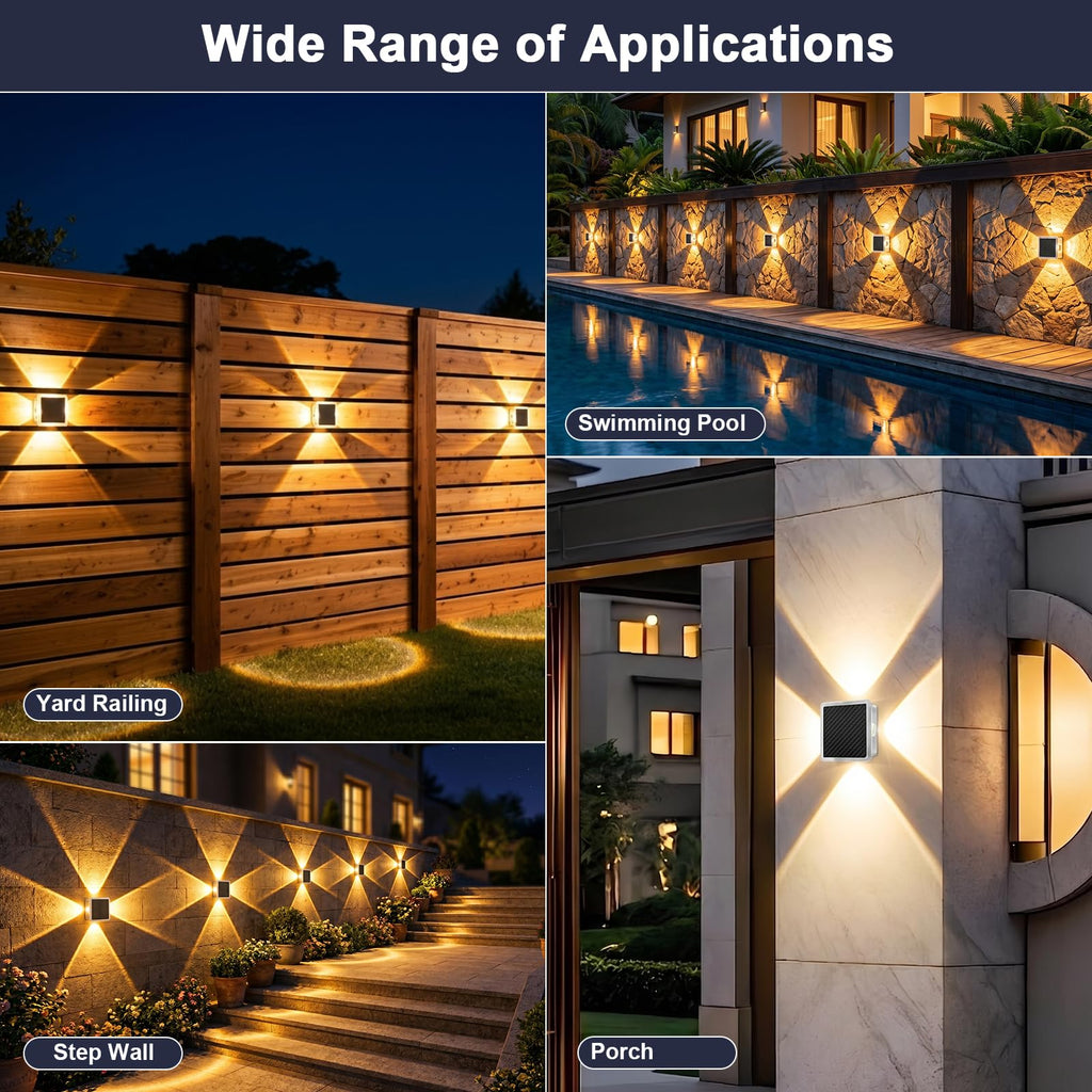 Solar Fence Lights Outdoor, New 4-Sided Lighting Wall Lights Solar Powered with 3 Modes 3000K 4000K 6000K, IP65