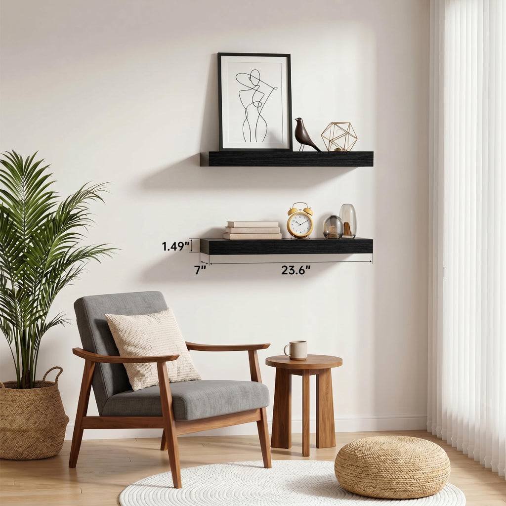 Black Modern Floating Shelves for Wall, 24 Inch Long Shelf Set of 2