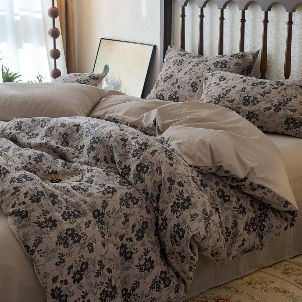 Vintage Muslin Duvet Cover Set Queen, 100% Cotton Linen Like Comforter Cover Boho Floral Quilt Cover with 2