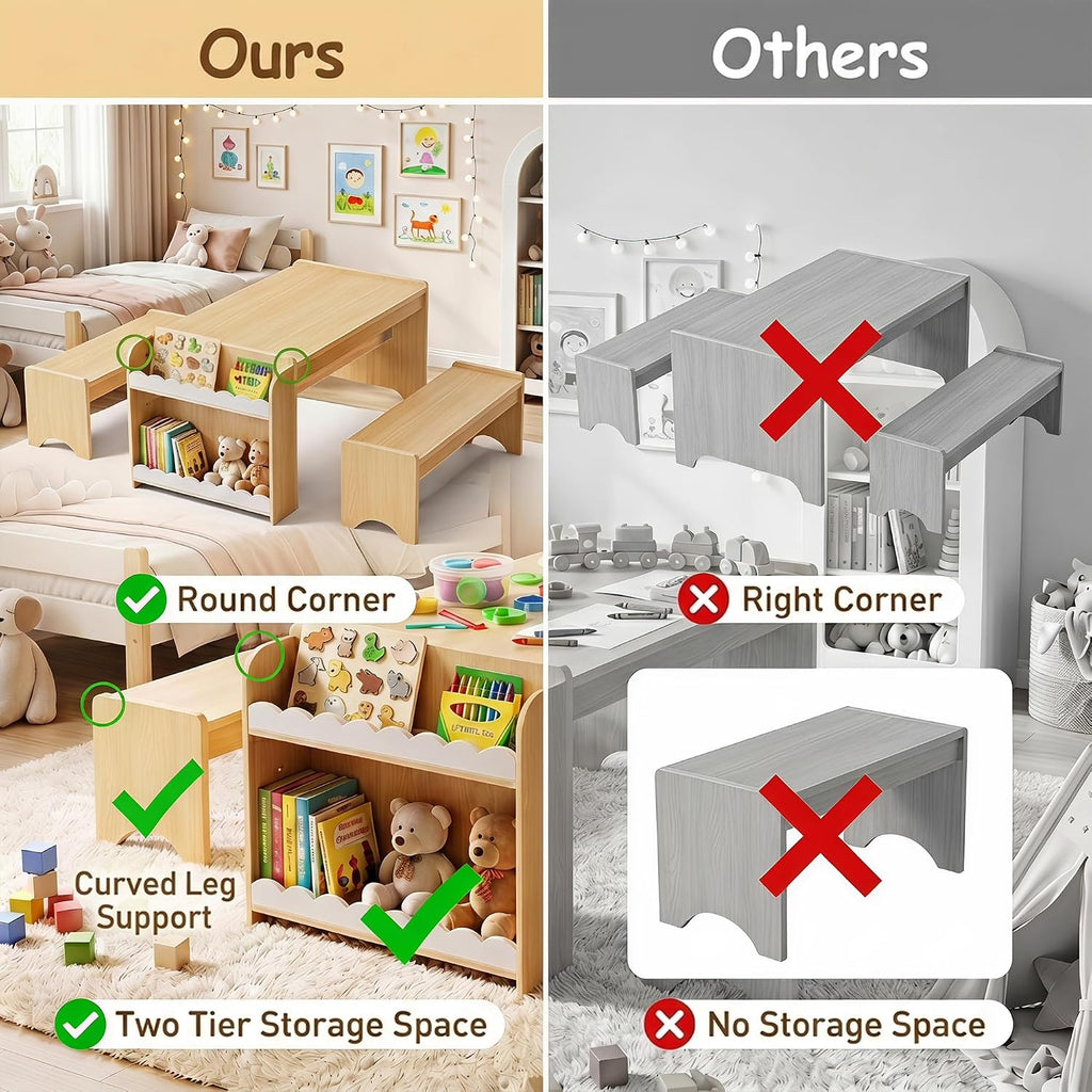 Kids Table and Bench Set, Montessori Kids Table and Chair Set, Indoor Wooden Toddler Activity Table with Bookshelves