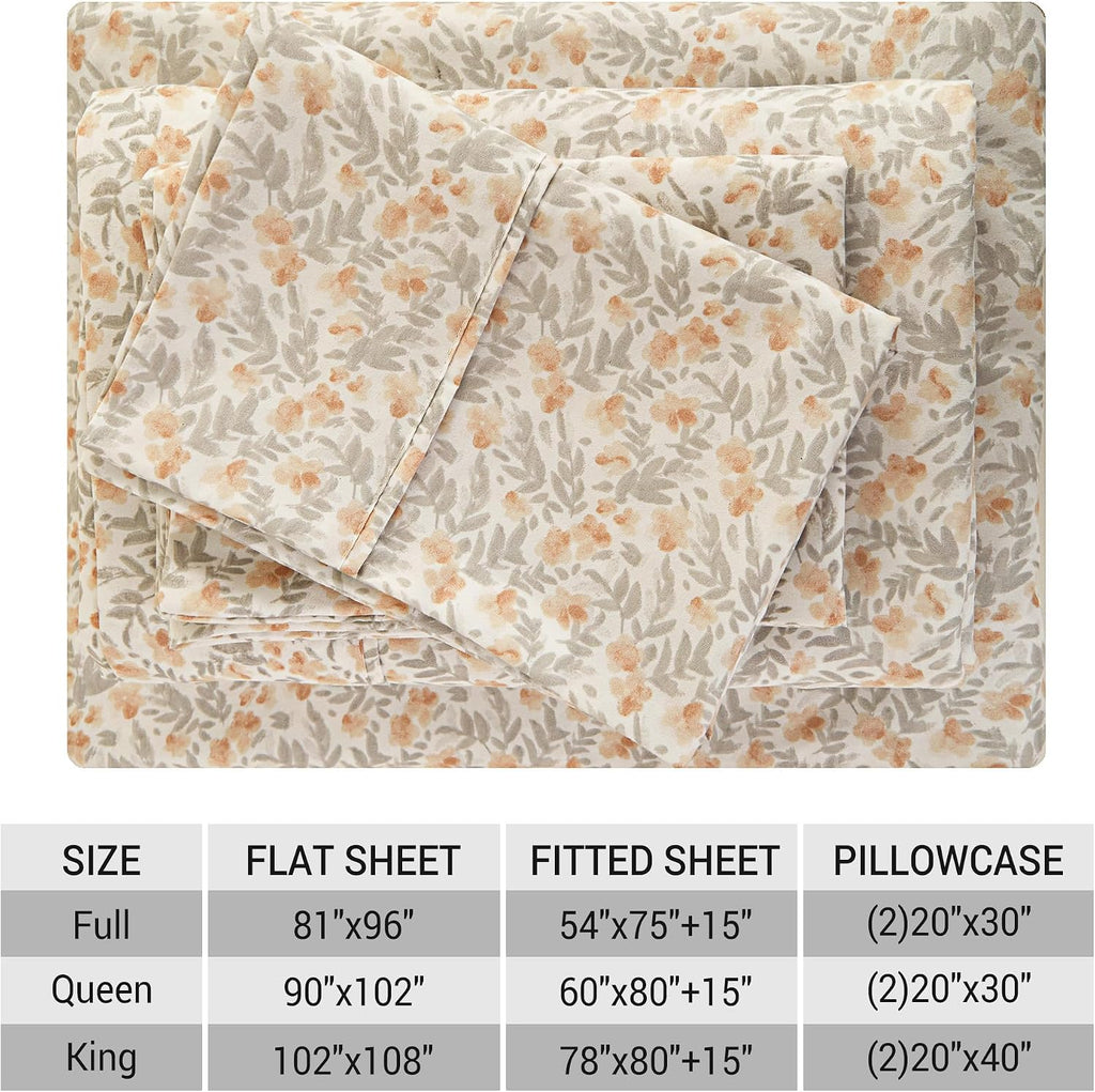Floral Queen Sheet Set - 4 Piece Vintage Light Orange Flower Patterned Bed Sheets - Soft, Breathable Microfiber