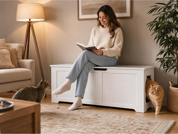 Top Open Cat Litter Box Enclosure Hidden Furniture Bench, Large Cat Washroom Cabinet and Indoor Storage Chest, Cream