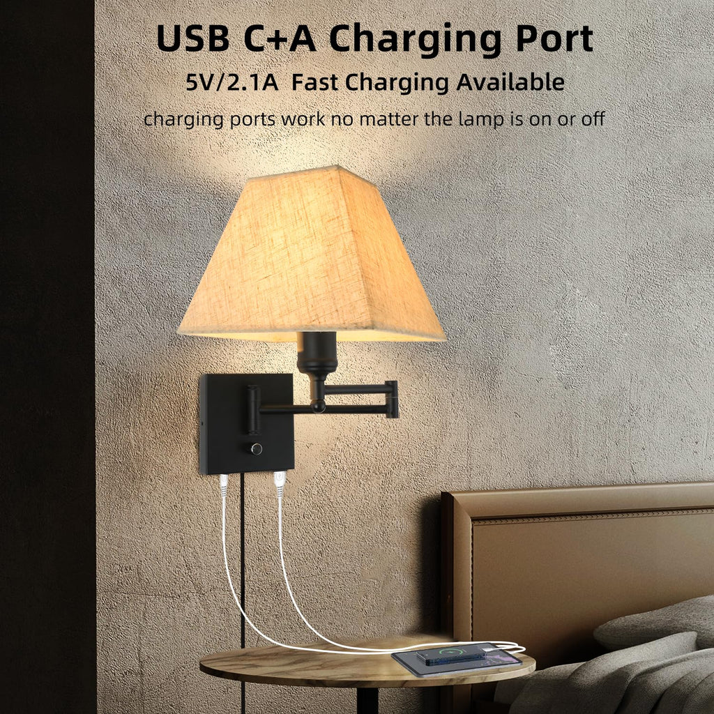 13" Modern Swing Arm Wall Lamp Plug in Wall Sconce with USB and Type-C Port Wall Mounted Lamp with Dimmable Switch
