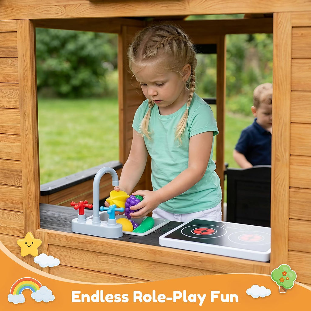 Kids Outdoor Playhouse Wood Play House for Kids Ages 3-8 withPet Door | Backyard Cottage Playhouse with Play