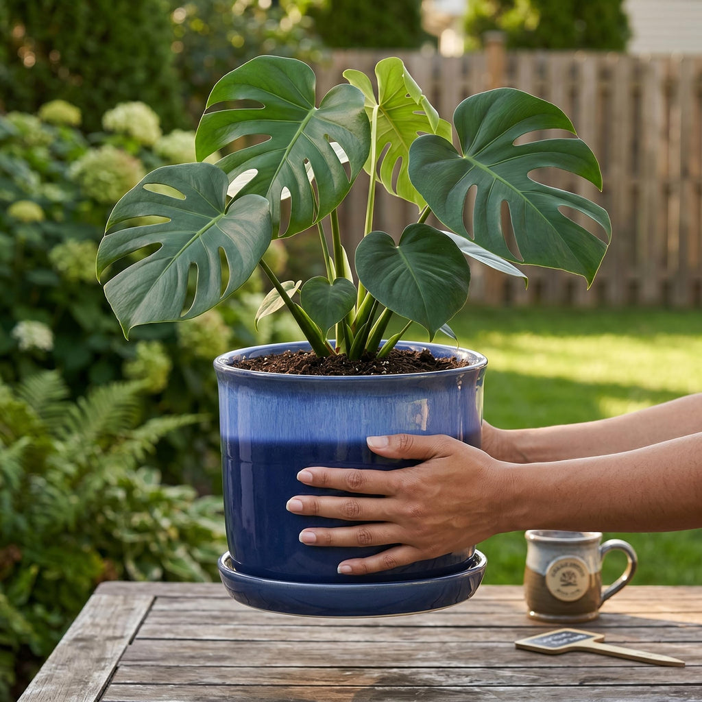 8 Inch Ceramic Plant Pot with Bonded Saucer & Drainage Hole, Large Modern Blue Flower Planter for Indoor Outdoor
