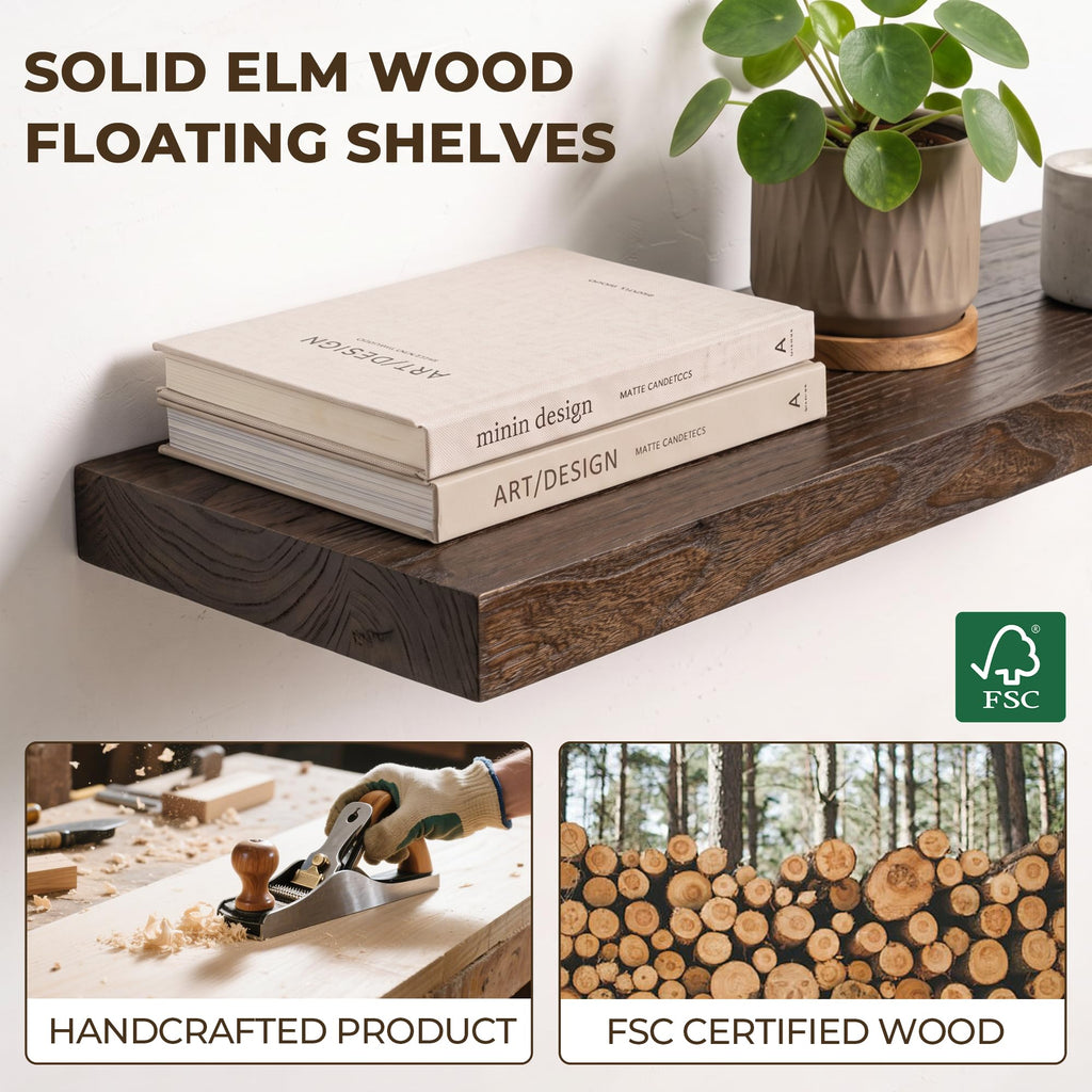 Elm Floating Shelves for Wall - 36 in Rustic Solid Wood Shelves with Heavy-Duty Invisible Bracket, Wall-Mounted