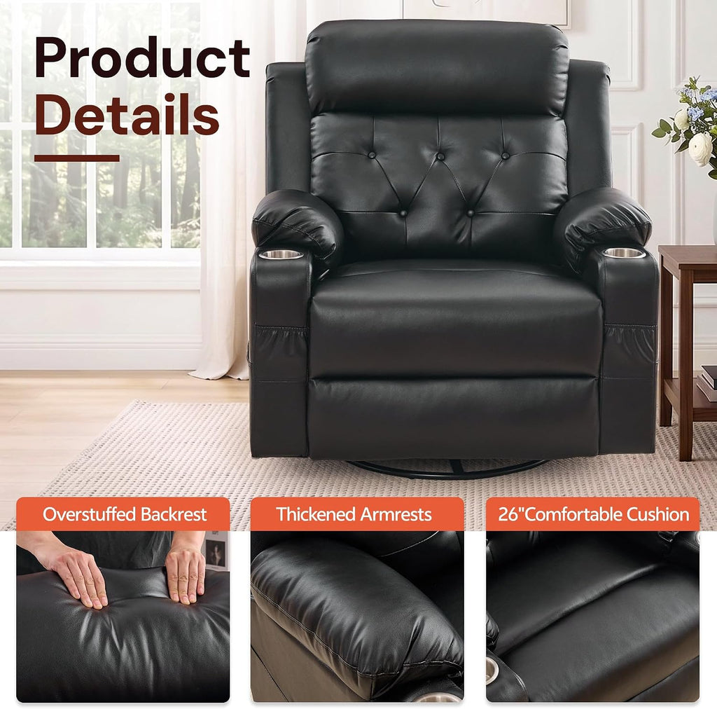 Oversized Recliner Chair, 360° Swivel Rocker Recliner for Adults, Recliner Chair with Heat and Massage, Manual