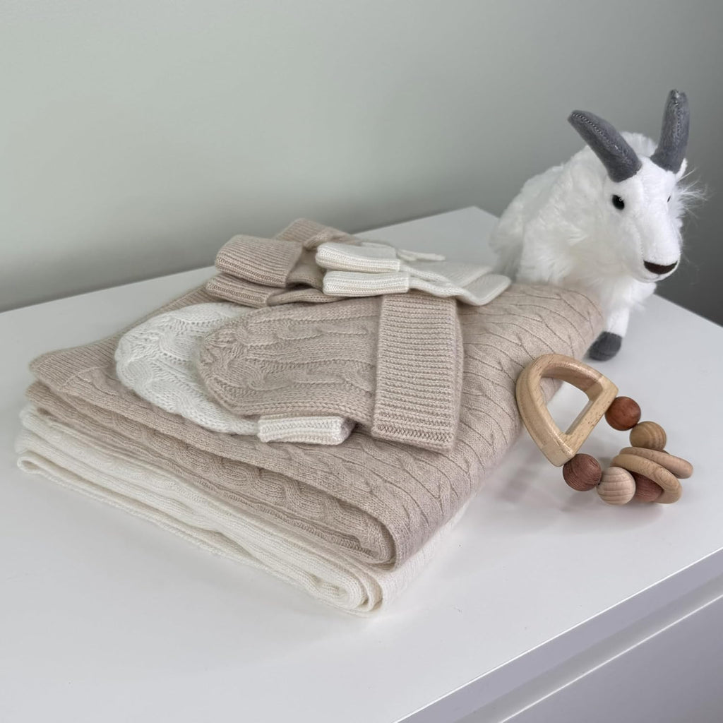 100% Cashmere Baby Blanket Gift Set Cable Knit 0 Brown Sugar